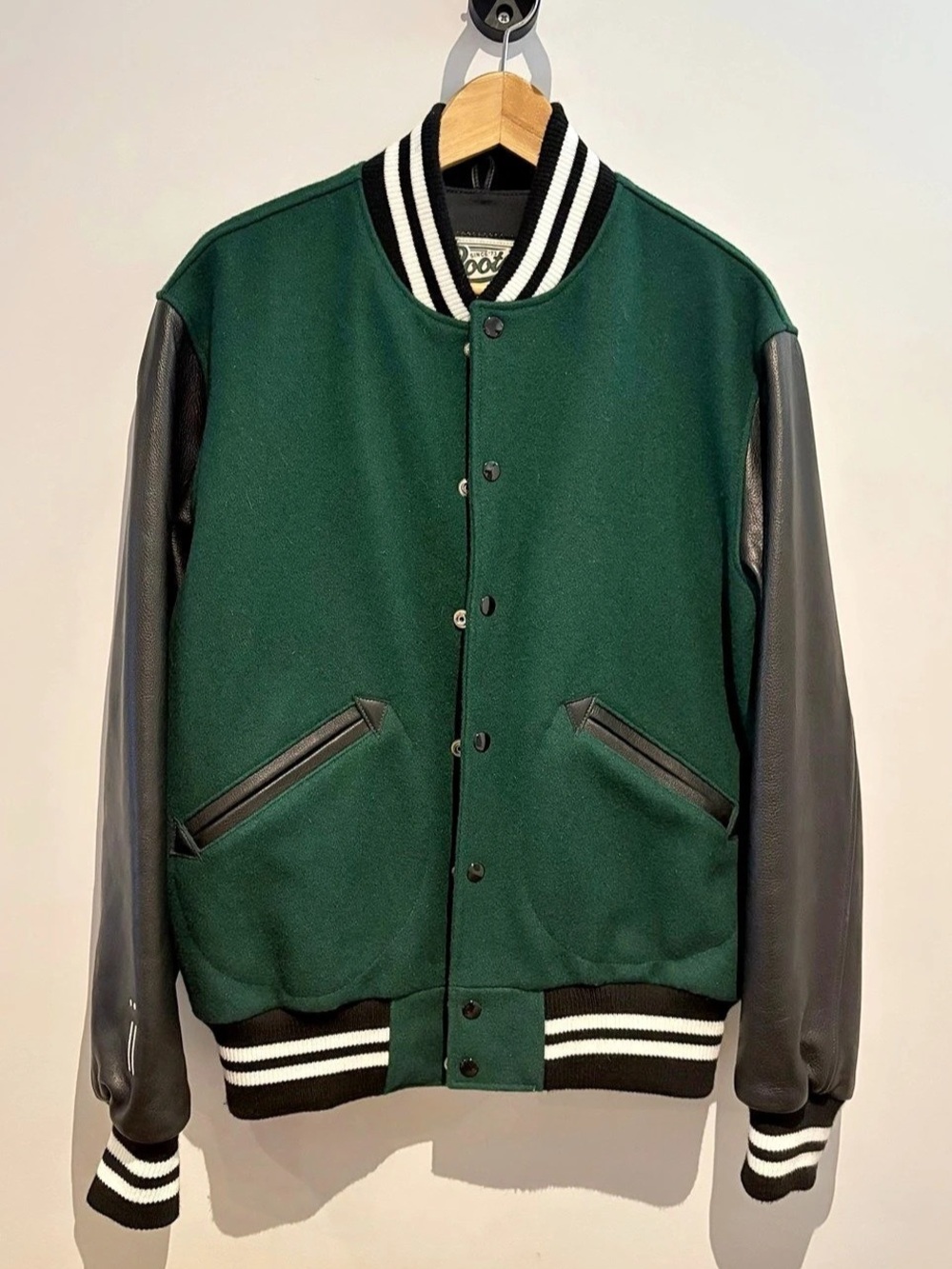 Roots Leather Sleeve Wool Varsity Jacket Green & Black Medium